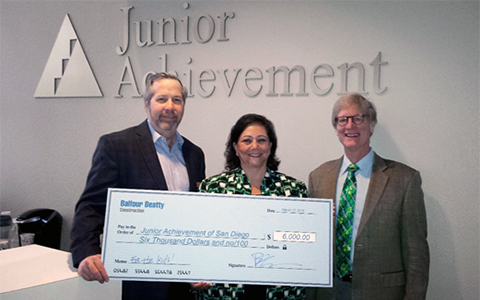 Marla Black (center), President & CEO at Junior Achievement of San Diego County, accepts an initial $6,000 gift from Brian Cahill (left), President of Balfour Beatty Construction’s California Division and Barry Menzel (right), Managing Director of Training Funding Source (TFS). The donation represents a partnership of shared savings between Balfour Beatty Construction, JA San Diego, TFS and Accretive of San Diego and is projected to reach $28,000 in the next year.
